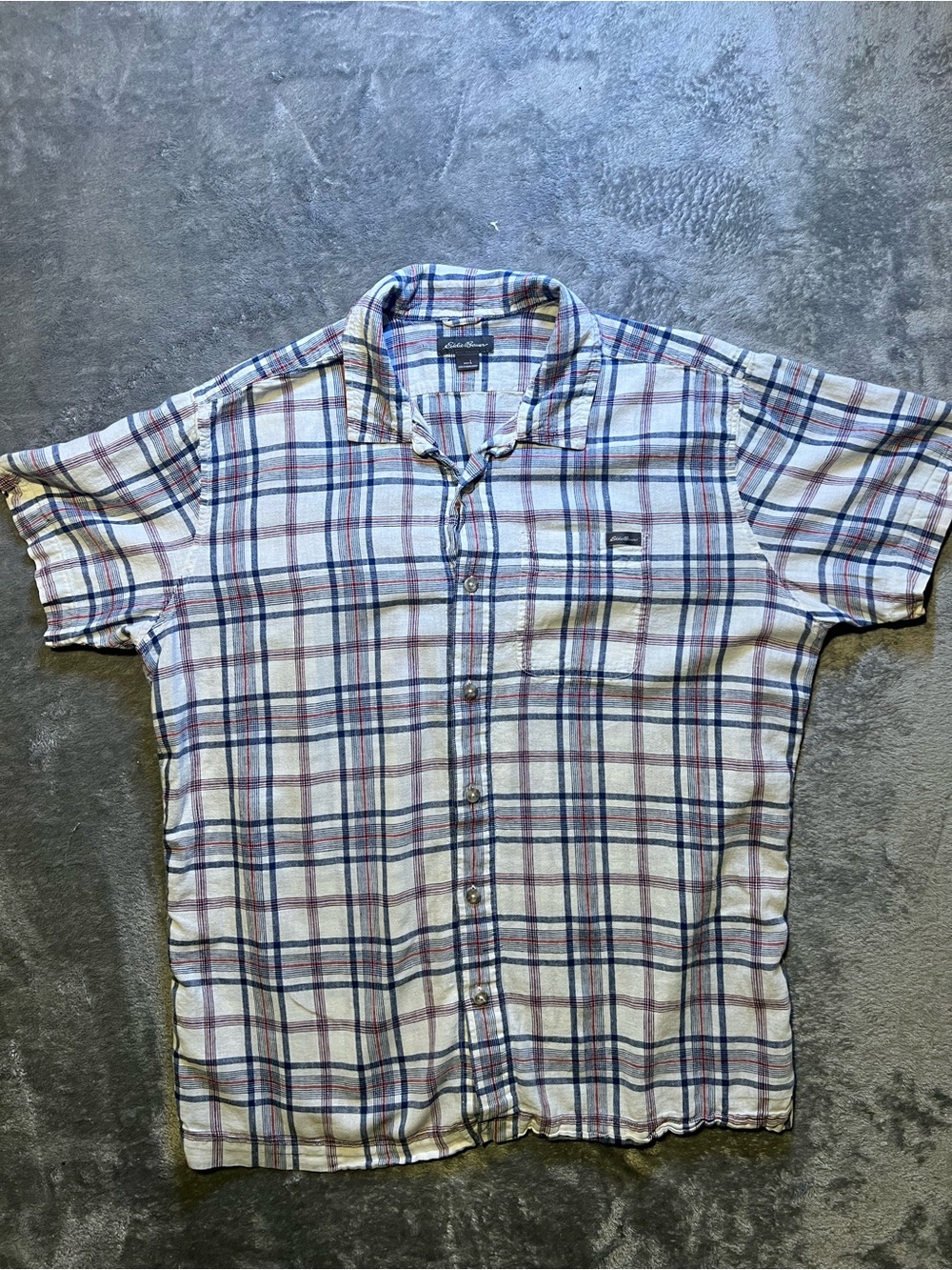Eddie Bauer Short Sleeve Plaid Button-Up Shirt - White/Navy/Burgundy